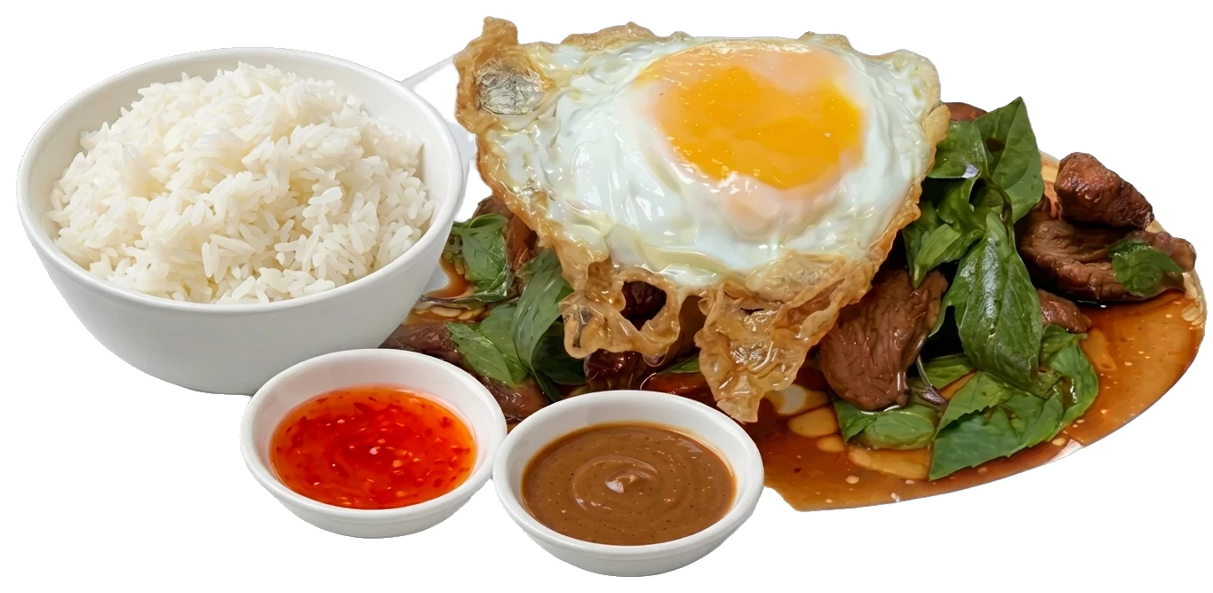 Illustrated Thai basil stir-fry sticker with jasmine rice and dipping sauces